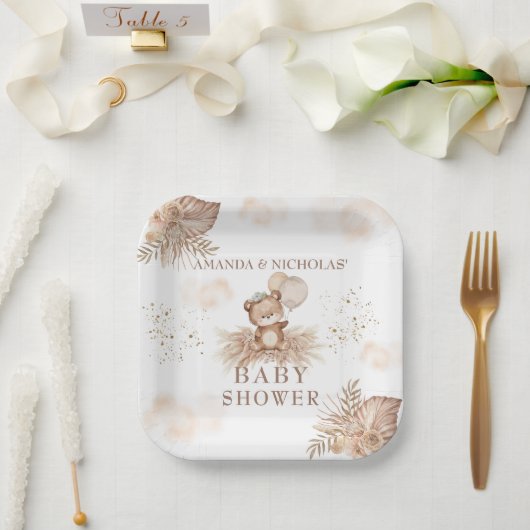 Bohoニュートラルベイビーシャワーテディベア ペーパープレート (ウェディング)