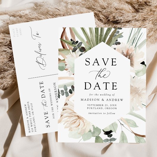 Bohoニュートラル熱帯の花Save the Date 案内ポストカード