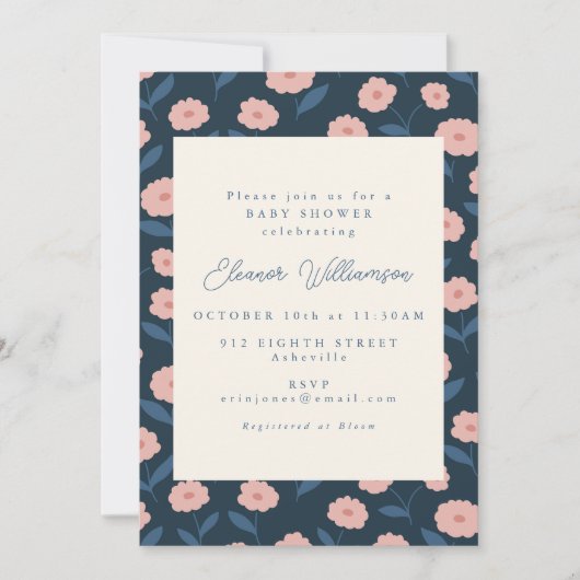 Bohoネイビーとピンクの花かわいい赤ちゃんシャワー 招待状 (正面)