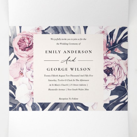 Bohoネイビーピンクモンステラフローラ2 QRコード結婚s 三つ折り招待状 (内部中)