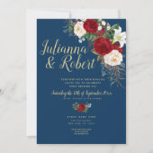 Bohoネイビーブルーとブルゴーニュフローラ水彩色 招待状 (正面)