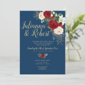 Bohoネイビーブルーとブルゴーニュフローラ水彩色 招待状 (スタンド正面)