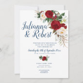 Bohoネイビーブルーとブルゴーニュフローラ水彩色 招待状 (正面)