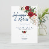 Bohoネイビーブルーとブルゴーニュフローラ水彩色 招待状 (スタンド正面)