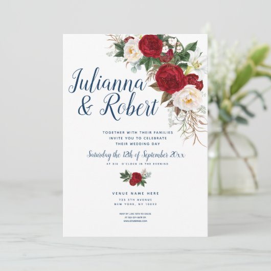 Bohoネイビーブルーとブルゴーニュフローラ水彩色 招待状 (スタンド正面)