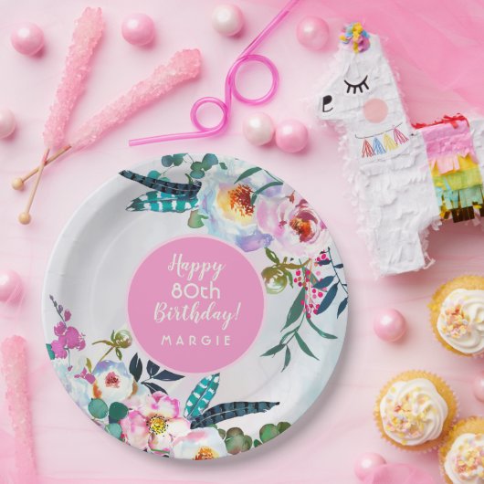 Bohoハッピーバースデー80年若い紙プレート ペーパープレート (パーティー)