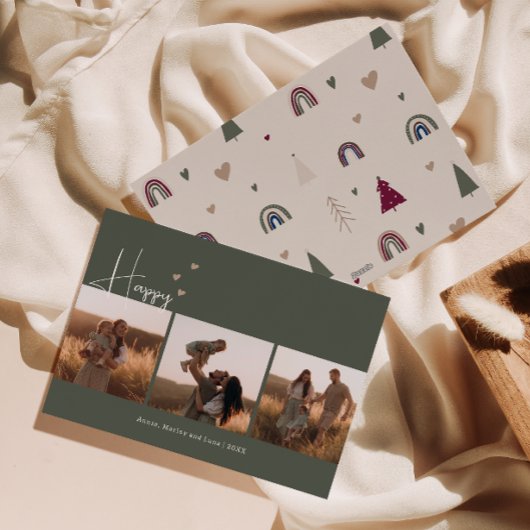 Bohoハートハッピーグリーン3枚フォトクリスマス シーズンカード