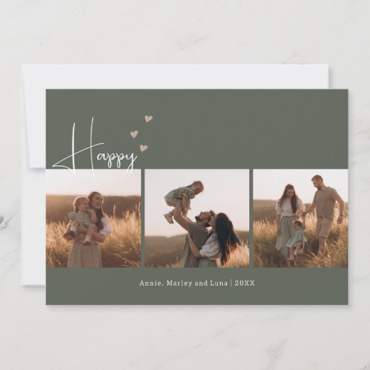 Bohoハートハッピーグリーン3枚フォトクリスマス シーズンカード (正面)