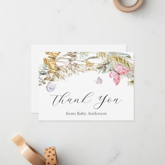 Bohoバタフライシャワーありがとうご注意カード ノートカード (正面/裏面インサイチュ)