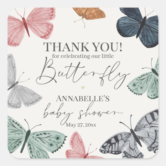 Bohoバタフライベビーシャワーパーティーデザートのお気に入り スクエアシール (正面)
