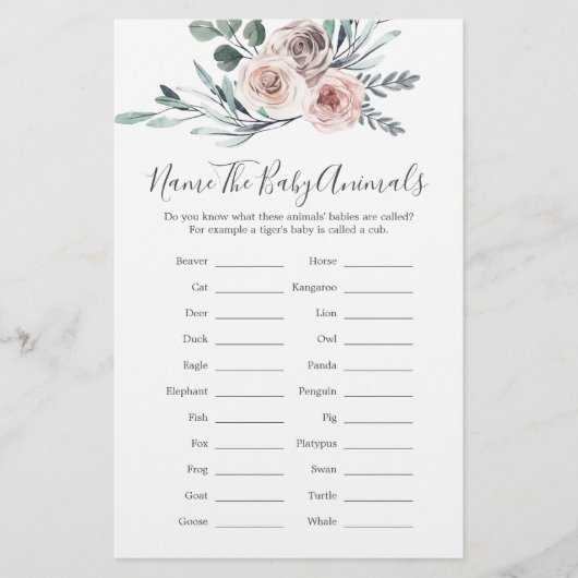 Bohoバラベビーシャワー名ベビーアニマルゲーム (正面)