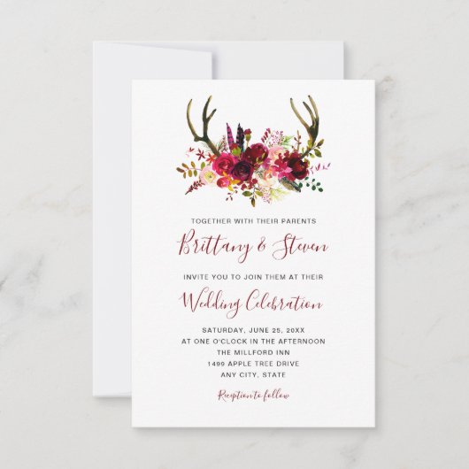 Bohoバーガンディの水彩画の花の(雄ジカの)枝角の結婚 招待状 (正面)