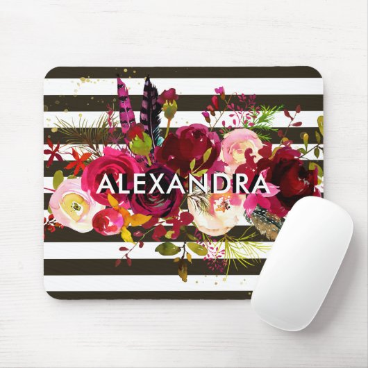 Bohoバーガンディの花柄|の白黒ストライプ マウスパッド (マウス)