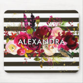 Bohoバーガンディの花柄|の白黒ストライプ マウスパッド (正面)