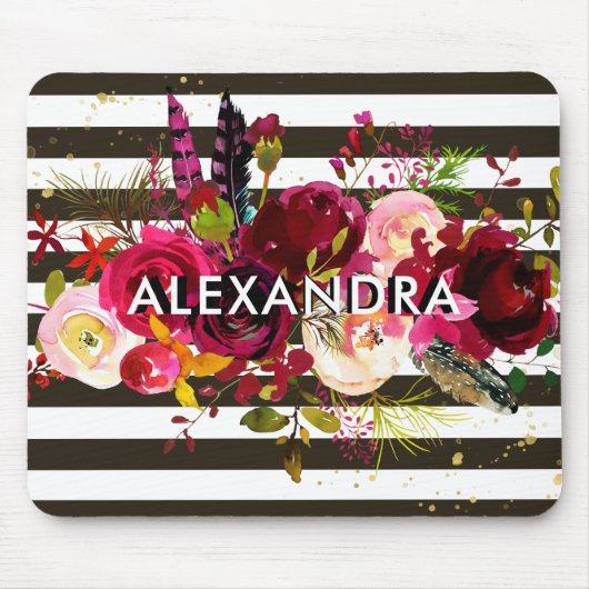 Bohoバーガンディの花柄|の白黒ストライプ マウスパッド (正面)