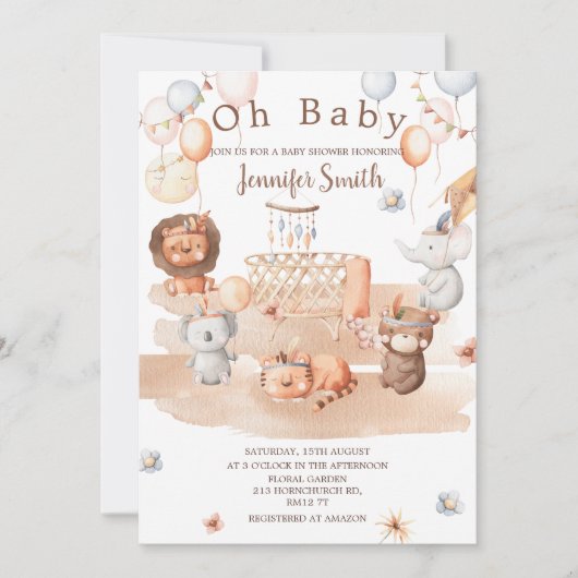 Bohoパステル動物モバイル赤ちゃんシャワーああベビー 招待状 (正面)