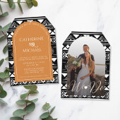 Bohoパターンフォトアーチオレンジウェディングレセプション 招待状