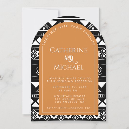 Bohoパターンフォトアーチオレンジウェディングレセプション 招待状 (正面)