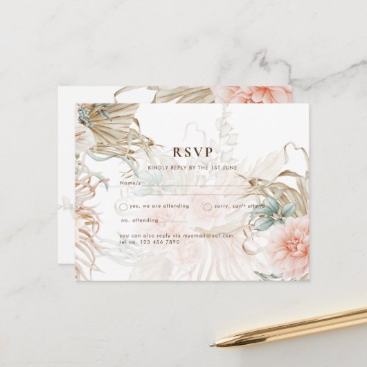 BOHOパンパスグラス結婚イエローハガキ ポストカード (正面/裏面インサイチュ)