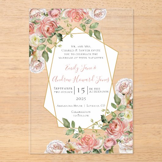 Bohoビクトリアンバラ幾何金ゴールドフレ結婚ーム アクリル招待状 (正面)