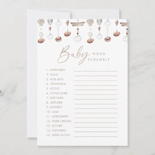 Bohoビーチワードスクランブルベビーシャワーゲーム 招待状 (正面)