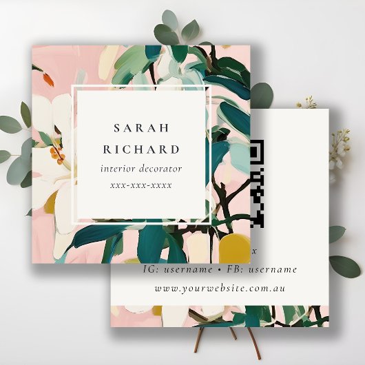 Bohoピカラフルンクティール(緑がかった色)絵を描フローラQRコード スクエア名刺