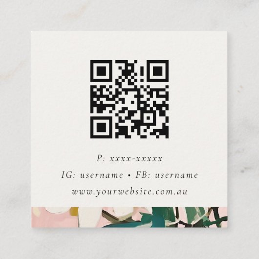 Bohoピカラフルンクティール(緑がかった色)絵を描フローラQRコード スクエア名刺 (裏面)