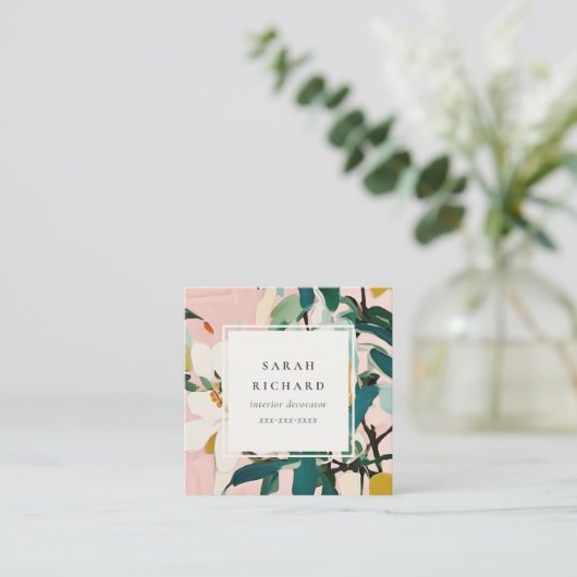 Bohoピカラフルンクティール(緑がかった色)絵を描フローラQRコード スクエア名刺 (スタンド正面)