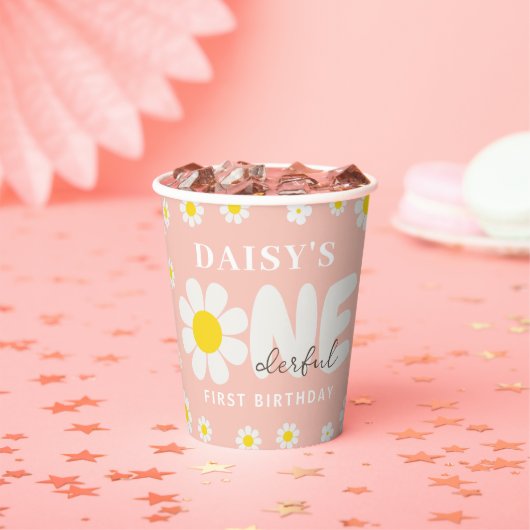 Bohoピンクかわいいデイジー花1st誕生日パーティー 紙コップ (インサイチュ)