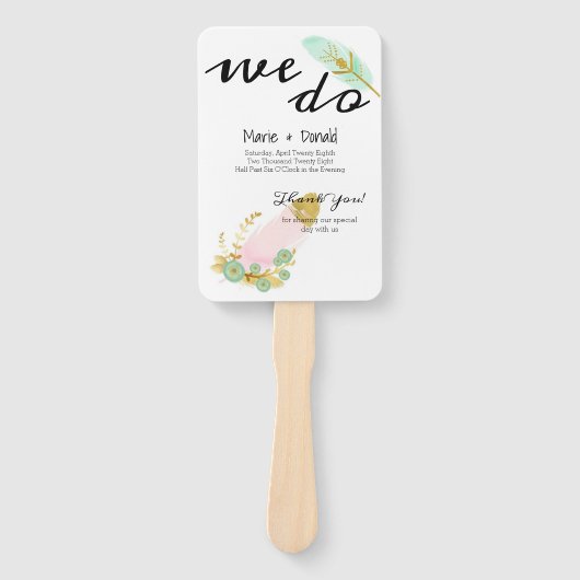 Bohoピンクと金ゴールド羽毛プログラム ハンドファン (正面)