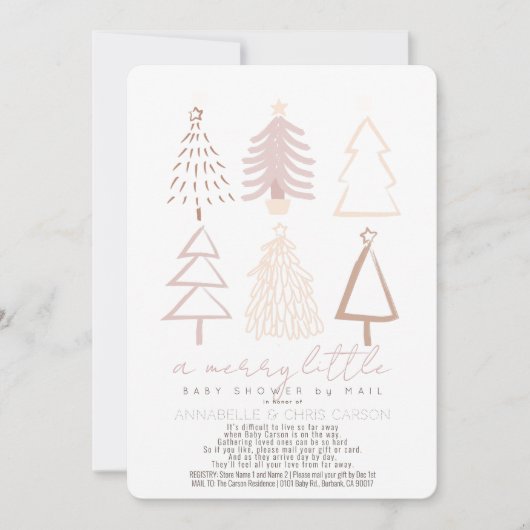 Bohoピンクのクリスマスツリーメールで赤ちゃんシャワー 招待状 (正面)