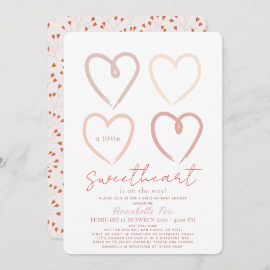 Bohoピンクのハートスウィートバイベビーシャワー 招待状 (正面/裏面)