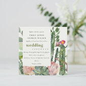 BOHOピンクのフローラサボテンの葉の水色結婚のs 招待状 (スタンド正面)