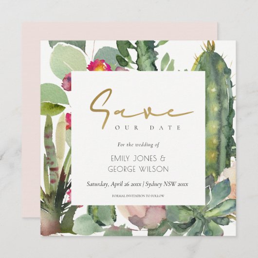 BOHOピンクのフローラサボテンの葉は日付を保存 招待状 (正面/裏面)