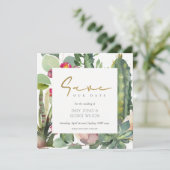 BOHOピンクのフローラサボテンの葉は日付を保存 招待状 (スタンド正面)