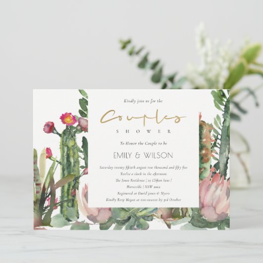 BOHOピンクのフローラサボテンの葉カップルのシャワー 招待状 (スタンド正面)