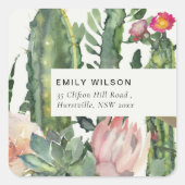 BOHOピンクのフローラ砂漠のサボテンの葉のアドレス スクエアシール (正面)