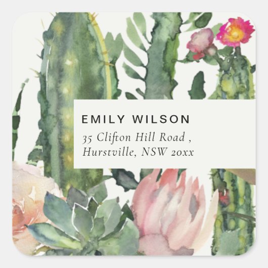 BOHOピンクのフローラ砂漠のサボテンの葉のアドレス スクエアシール (正面)