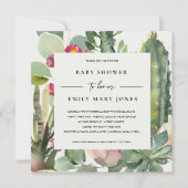 BOHOピンクのフローラ砂漠のサボテンの葉ベビーシャワー 招待状 (正面)