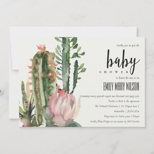 BOHOピンクのフローラ砂漠のサボテンの葉ベビーシャワー 招待状 (正面)