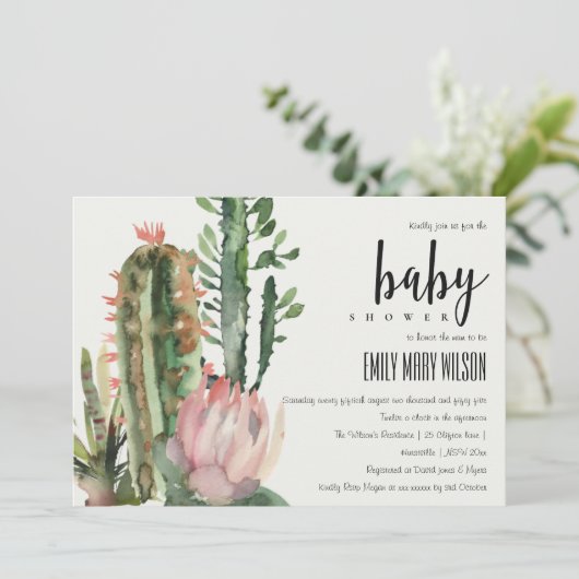 BOHOピンクのフローラ砂漠のサボテンの葉ベビーシャワー 招待状 (スタンド正面)