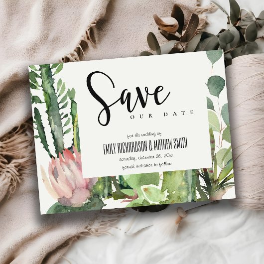 BOHOピンクのフローラ砂漠のCACTI動物の日付を保存 案内ポストカード