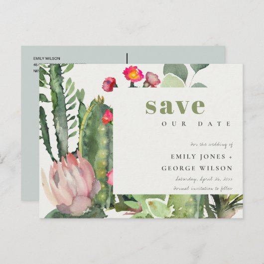 BOHOピンクのフローラ砂漠のCACTI動物の日付を保存 案内ポストカード (正面/裏面)