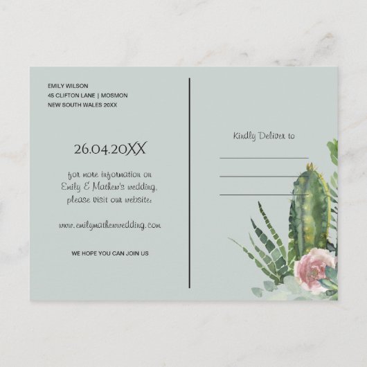 BOHOピンクのフローラ砂漠のCACTI動物の日付を保存 案内ポストカード (裏面)