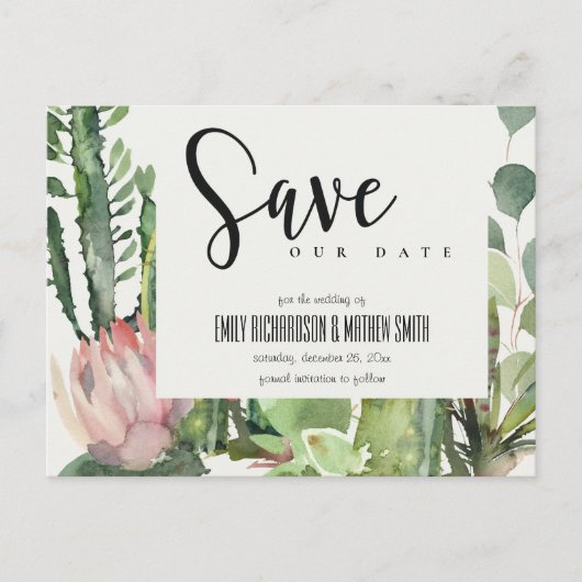 BOHOピンクのフローラ砂漠のCACTI動物の日付を保存 案内ポストカード (正面)