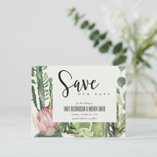 BOHOピンクのフローラ砂漠のCACTI動物の日付を保存 案内ポストカード (スタンド正面)