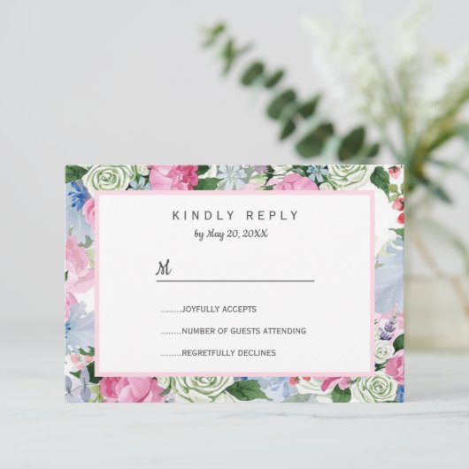 Bohoピンクのラベンダーブルー牧草地が結婚式RSVPを下げる 出欠カード (スタンド正面)