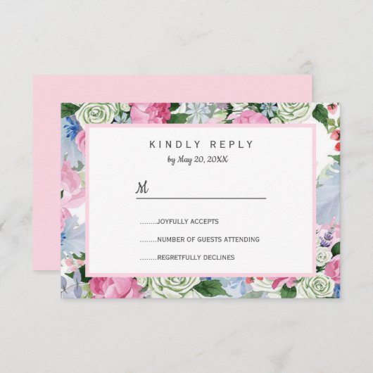 Bohoピンクのラベンダーブルー牧草地が結婚式RSVPを下げる 出欠カード (正面/裏面)