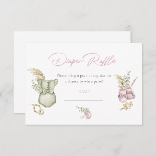 Bohoピンクの女の子の赤ちゃんシャワーおむつラッフルカード 招待状 (正面/裏面)
