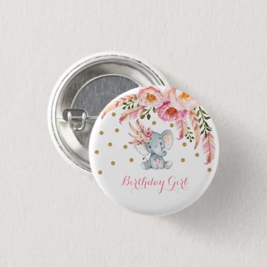 Bohoピンクの花の象の第1誕生会の好意 缶バッジ (正面&裏面)